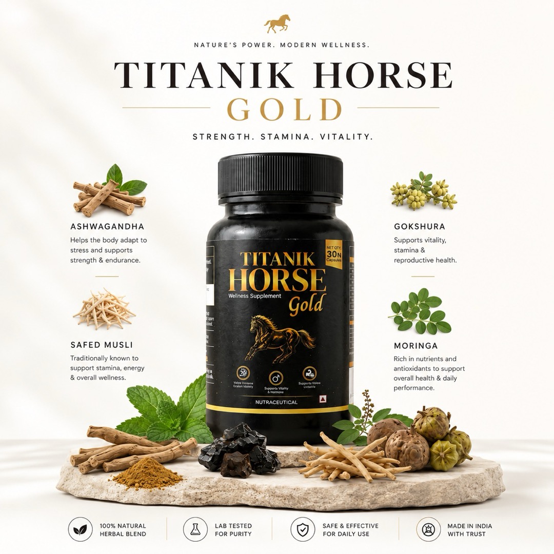 Titanik Horse Gold herbs — Ashwagandha, Safed Musli, Gokshura and Moringa, with what each supports